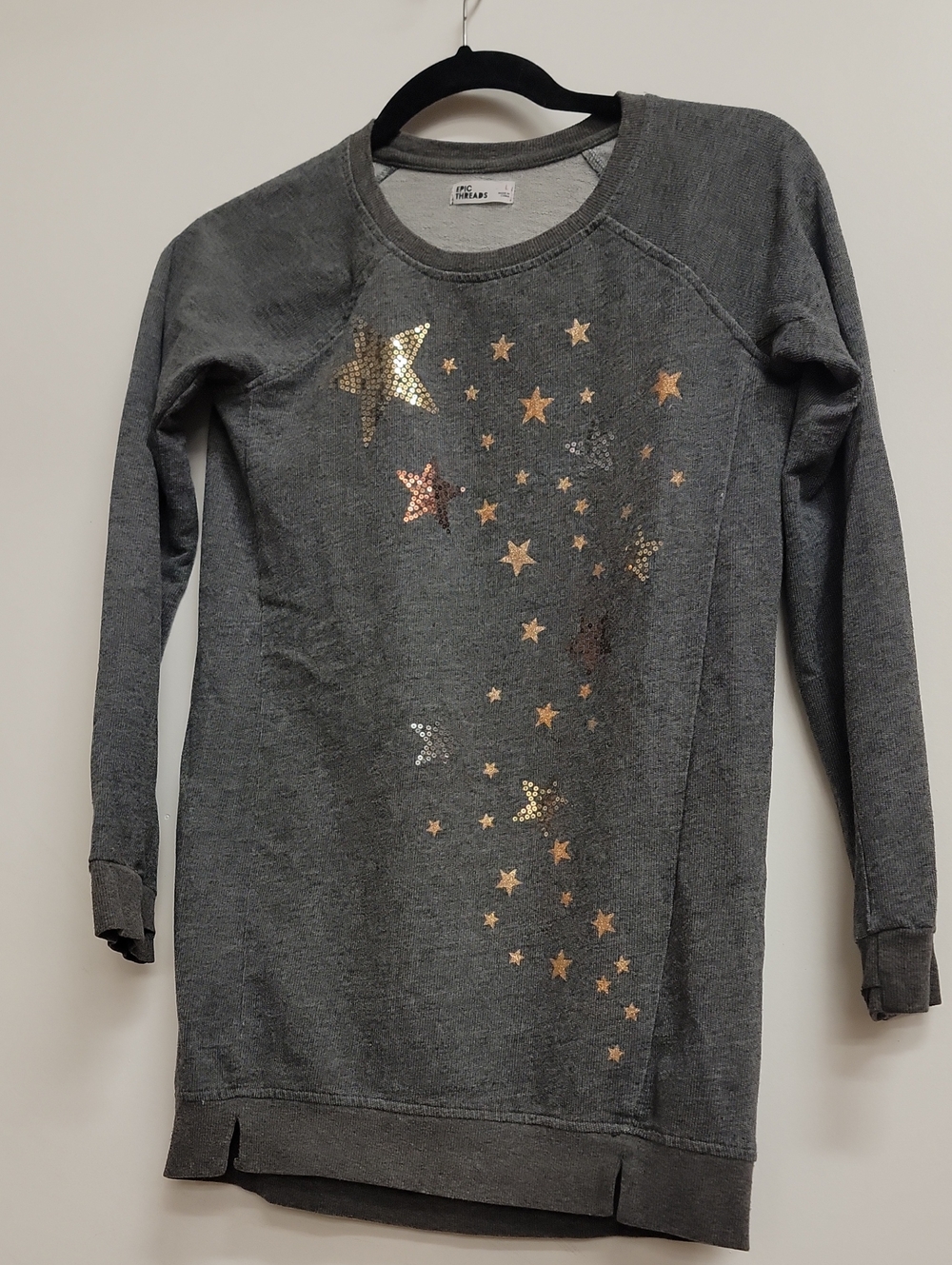 Girls' Gray Faux Sequin Star Long Sleeve French Terry Sweatshirt L